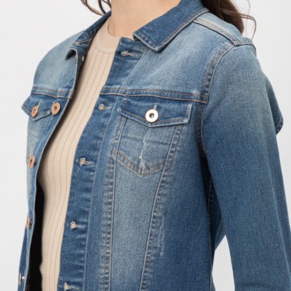 *1 LEFT*  Distressed Cropped Cotton Denim Jacket - Picture 4 of 5